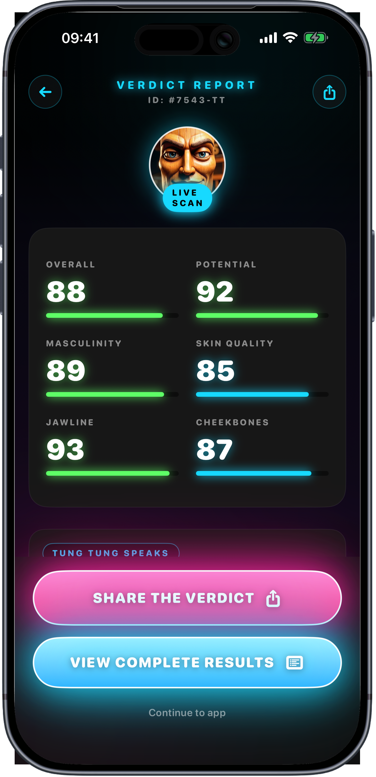 TungMax AI verdict report with face rating scores